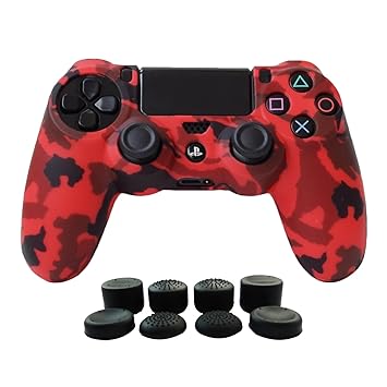 Hikfly Silicone Gel Controller Cover Skin Protector Compatible for Sony Playstation 4 PS4/PS4 Slim/PS4 Pro Controller (1 x Controller Cover with 8 x FPS Pro Thumb Grip Caps)(Red)