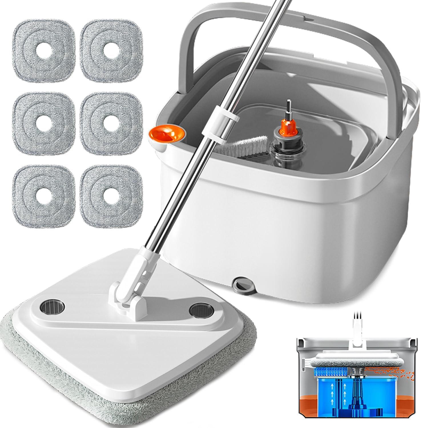 Photo 1 of Spin Mop and Bucket Set with Self Separation System 360° Spinning Self-Wringing, Square Clean Mop and Bucket with Wringer-with Replaceable Mop (Light Grey Mop and Bucket Set 6pads) 