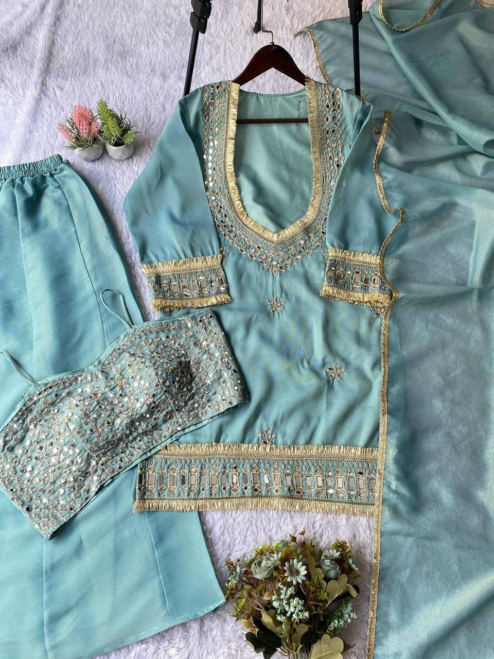 Women’s 4 Piece Palazzo Suit Set | Ethnic Wear with Real Mirror Work | Indian wedding Sharara palazzo suit