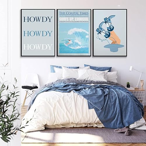 Miniatura 7 de 3 piezas de arte de pared retro de vaquera costera, juego de impresiones de galería de surf azul claro, juego de impresiones de galería de surf a la