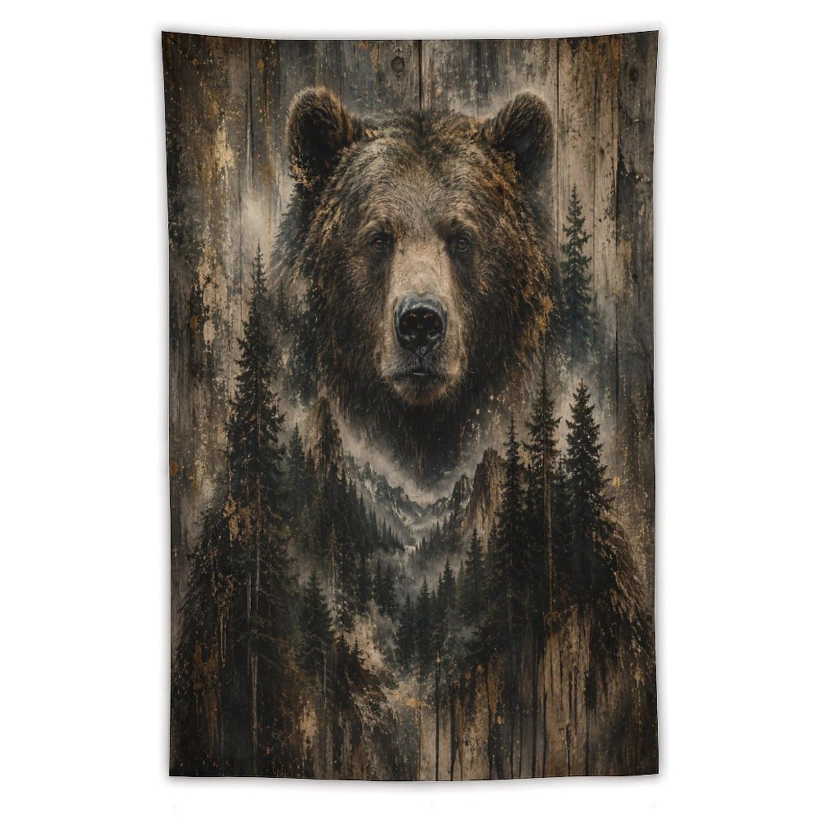 W7C8U2X3 Brown Bear Mountain Wall Tapestry, Realistic Illustration Style