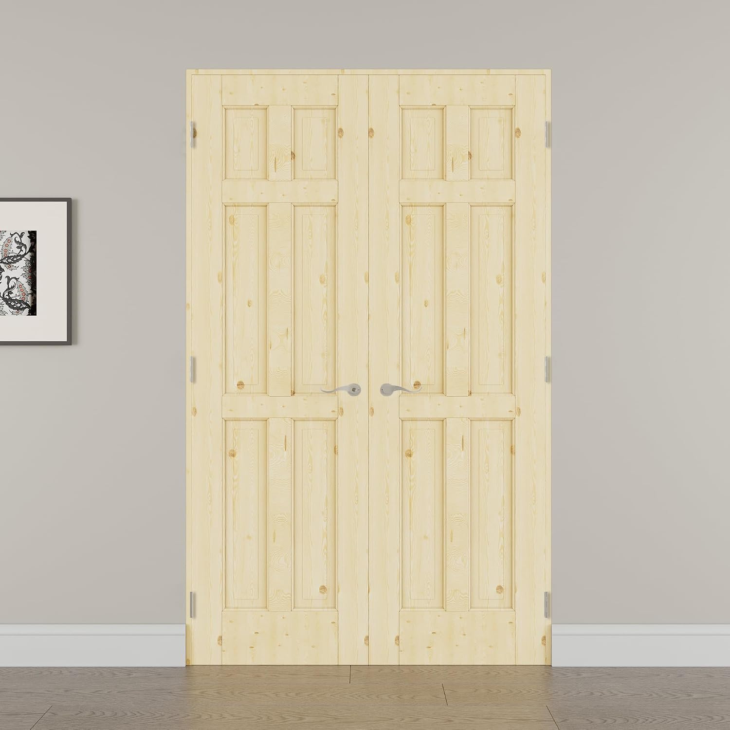 48" x 80" French Doors Interior (Double 24" x 80" 6-Lite Panel Pine Wood Door with Silver Hinge Prehung Jamb Kit), Unifinished Natural Wood, Prebuilt Home Door Panels & Assembly Required Jamb