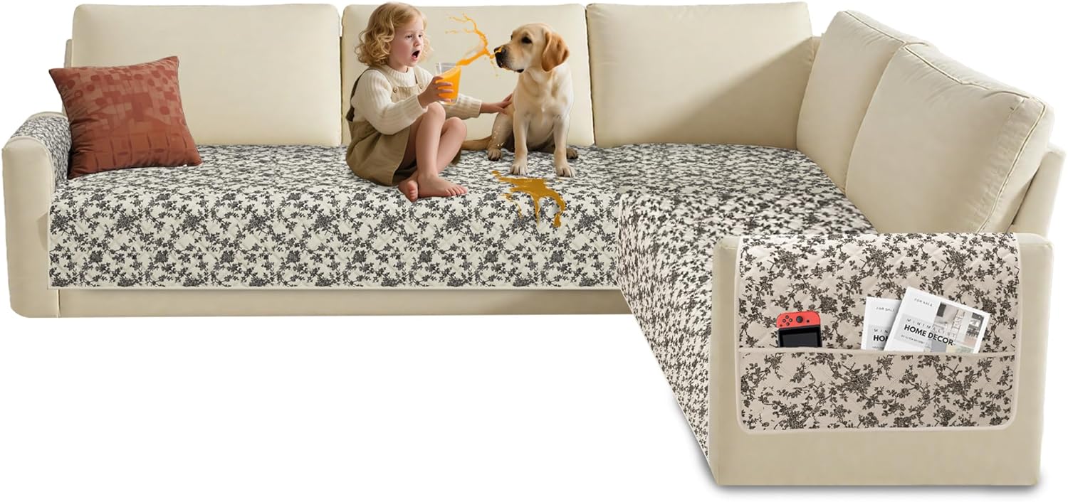 ALIECOM 100% Waterproof Couch Cushion Covers for Sectional Sofa Printed L Shaped Corner Sectional Couch Cover for Dogs Pets Non Slip Seat Slipcover Furniture Protector (XX-Large, Beige & Black)