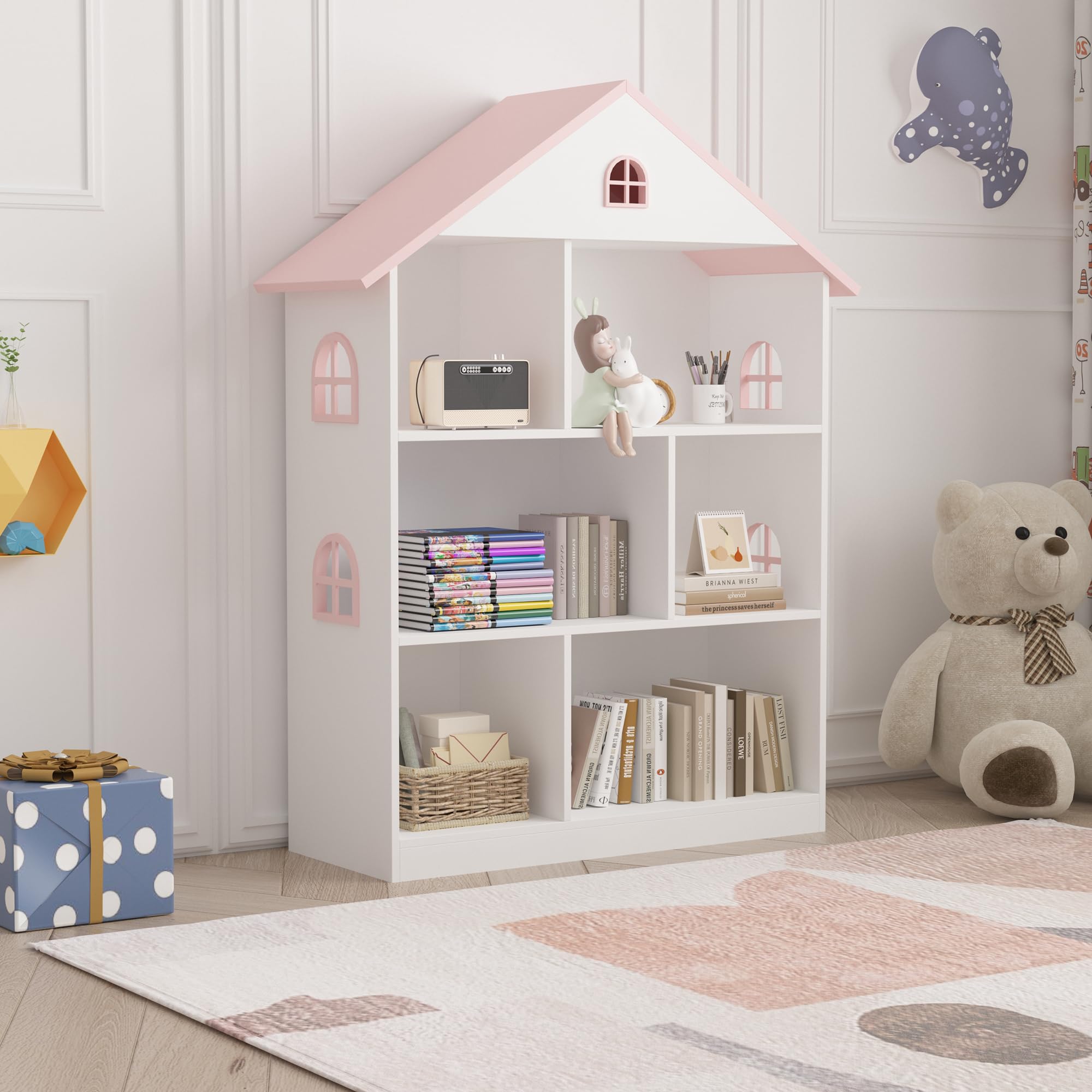 [en.casa] Bibliothèque pour Enfants avec 6 Compartiments de Rangement Ouverts Étagère Autoportante en Forme de Maison Cabane MDF 107 x 83 x 30 cm Blanc