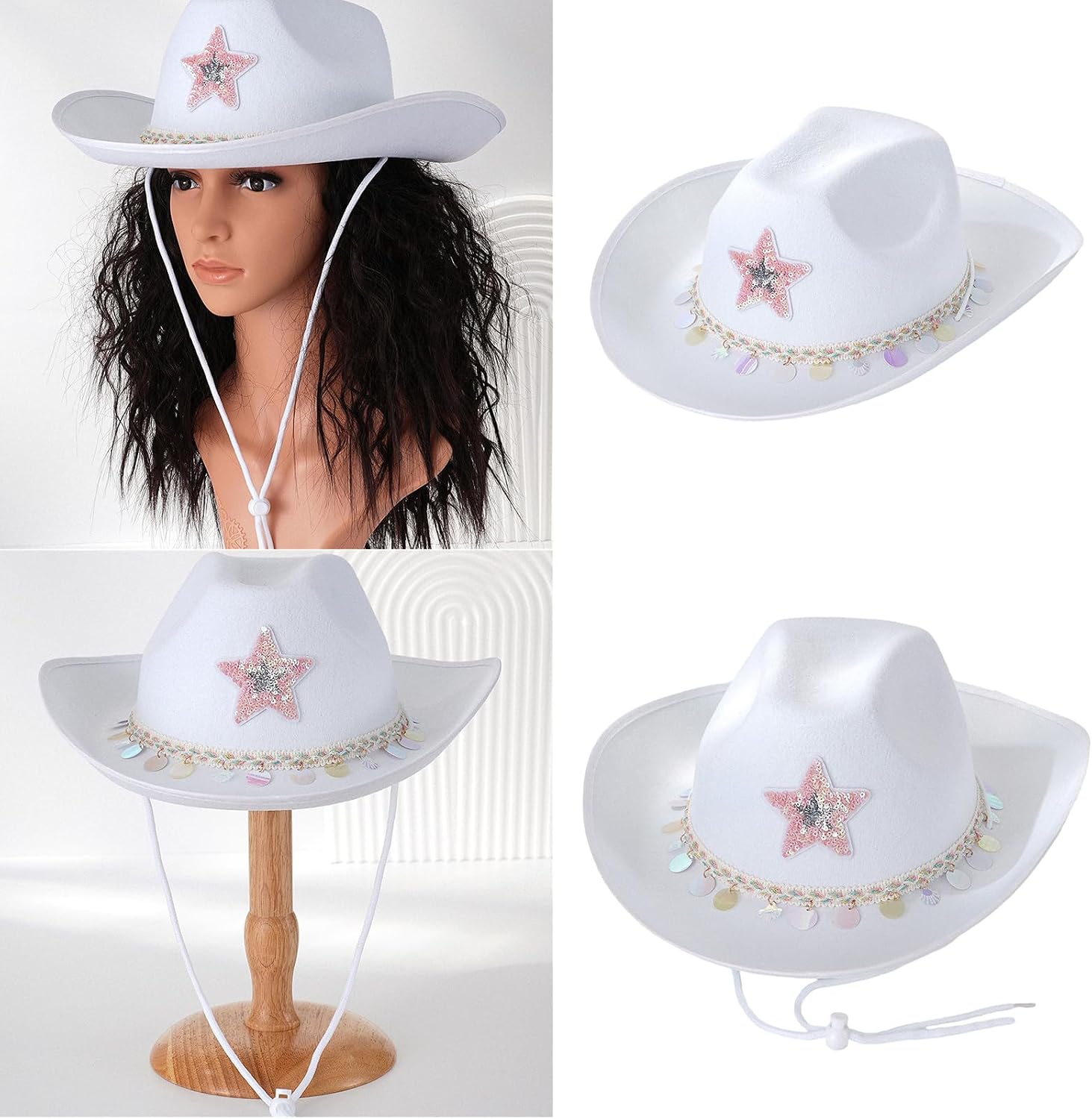 Cowboy hat,Glittering Star Sequins Hats Western Hats Bachelors Party Halloween Women for Dress Up Cosplays Party Costume White