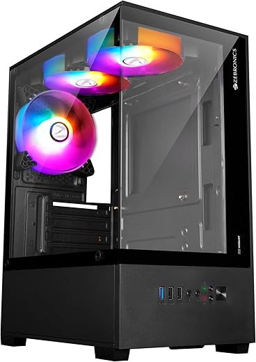 ZEBRONICS ROBUST Premium Gaming Chassis with support for mATX | Mini ITX, Wraparound Tempered Glass, 120mm Multicolor LED Ring Fans, Top Magnetic…