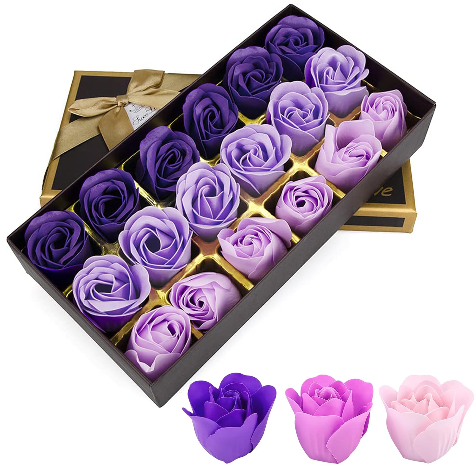 Little World Bath Soap Rose Flower - Floral Scented Rose Petals for Bath, Petals Body Soap in Gift Box for Valentine's Day, Anniversary, Birthday, Mothers Day Gifts for Her (18 Pcs/Box Purple)