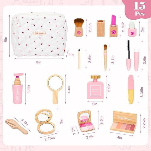 Miniatura 6 de Juego de juguetes de maquillaje de madera, 15 piezas de maquillaje de simulación para niñas pequeñas, juego de salón de belleza con sombra de ojos,