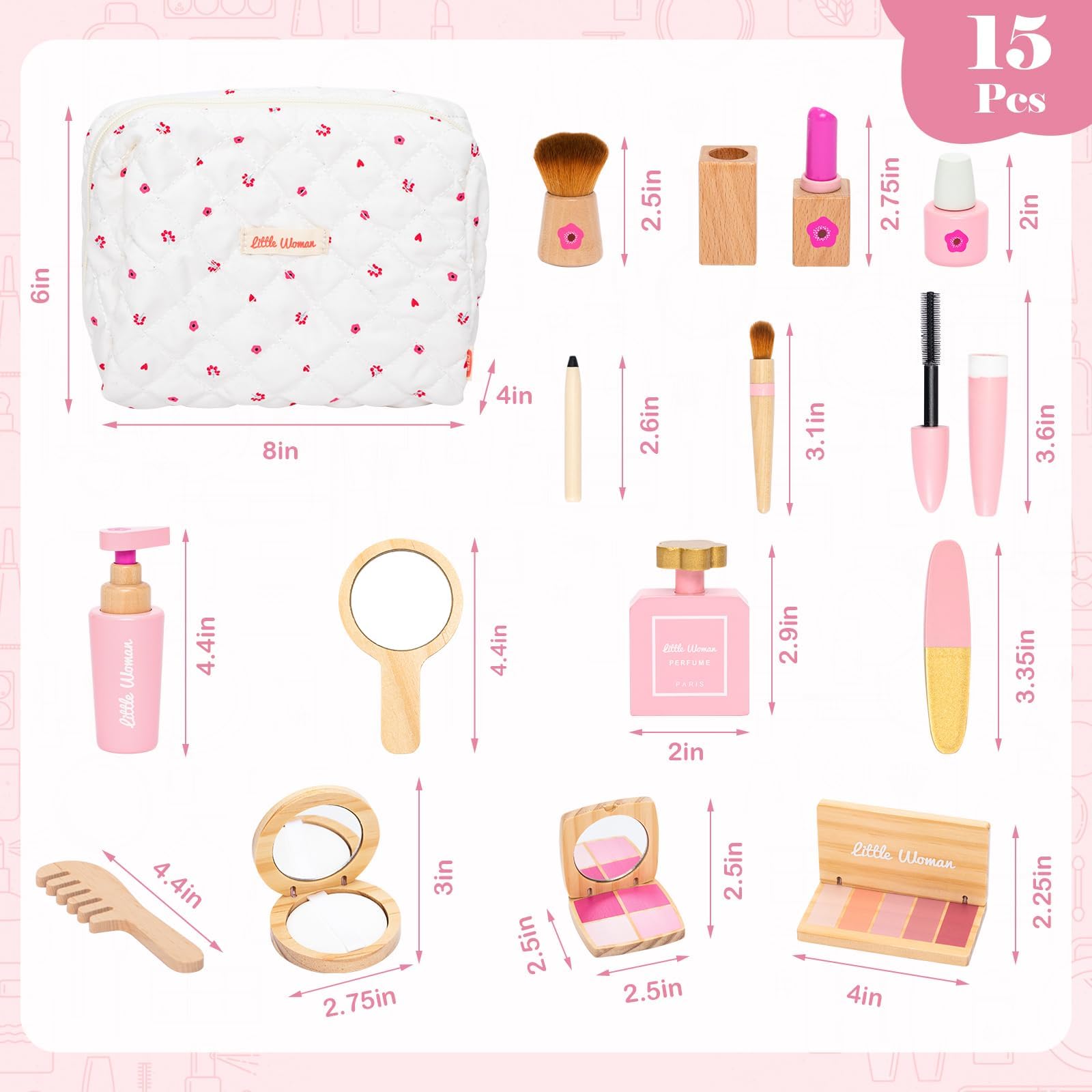 Schminkset Kinder Holz – 15-teiliges Premium Holzspielzeug Kosmetiktasche mit Lippenstift, Lidschatten, Spiegel & Parfüm – Montessori Frisiertisch Zubehör Rollenspiel Geschenk für Mädchen ab 3 Jahren