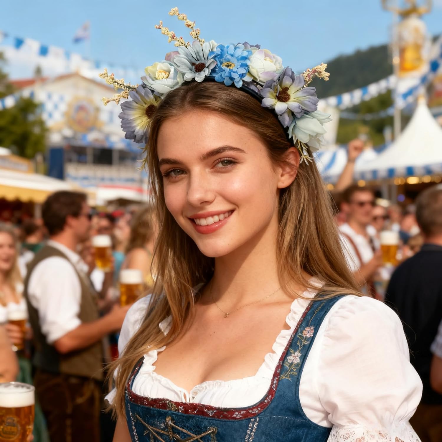 Flower Headband Dirndl Hair Band Bridal Hair Wreath Headband Women Girls Headband for Oktoberfest Wedding Carnival Theme Party (Blue) image 5