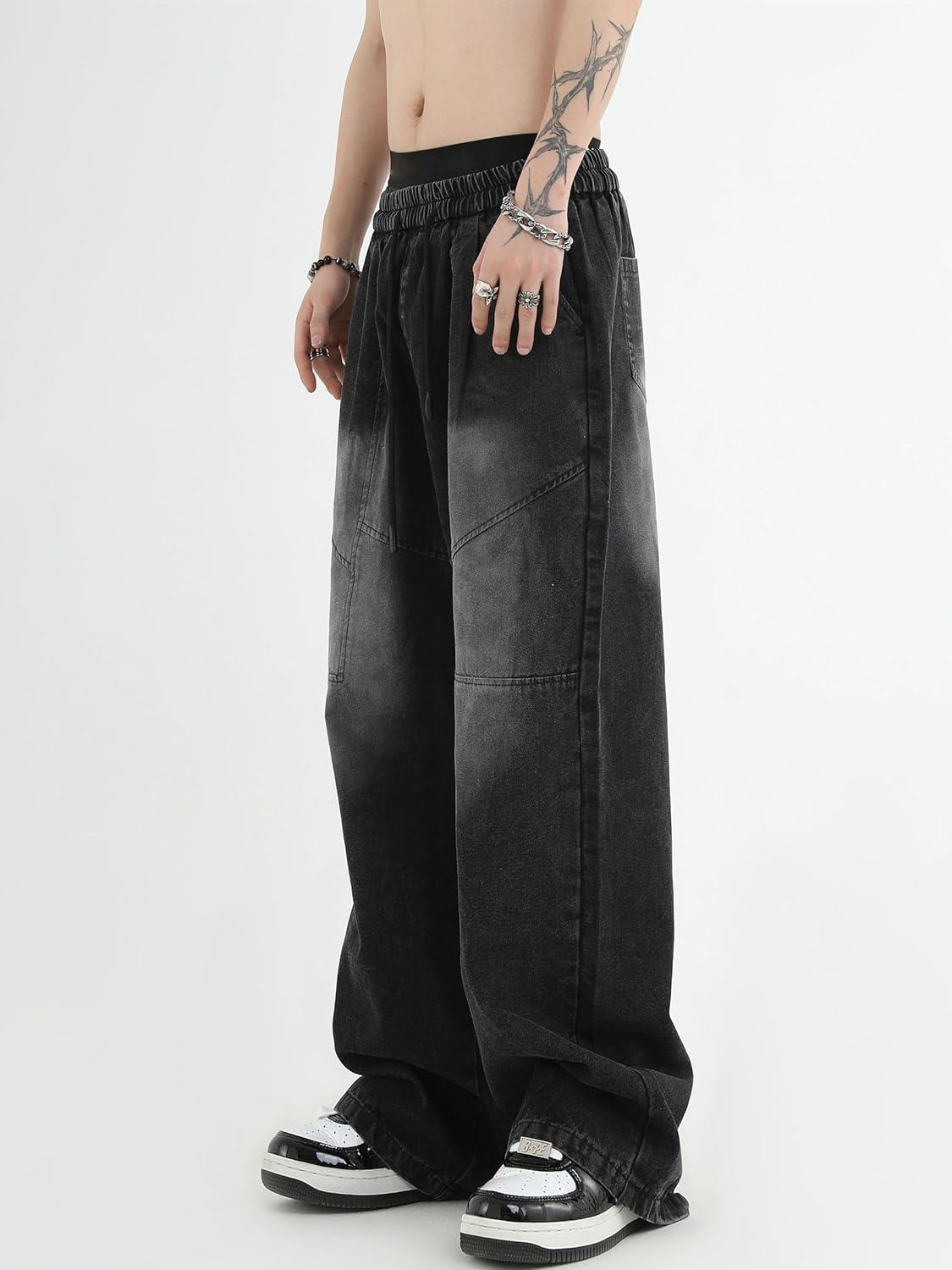 [D.IIZOO] 男女兼用 ワイド デニムパンツ メンズ 大きいサイズ ジーンズ ゆったり ウエストゴム ワイドパンツ ルーズ ス