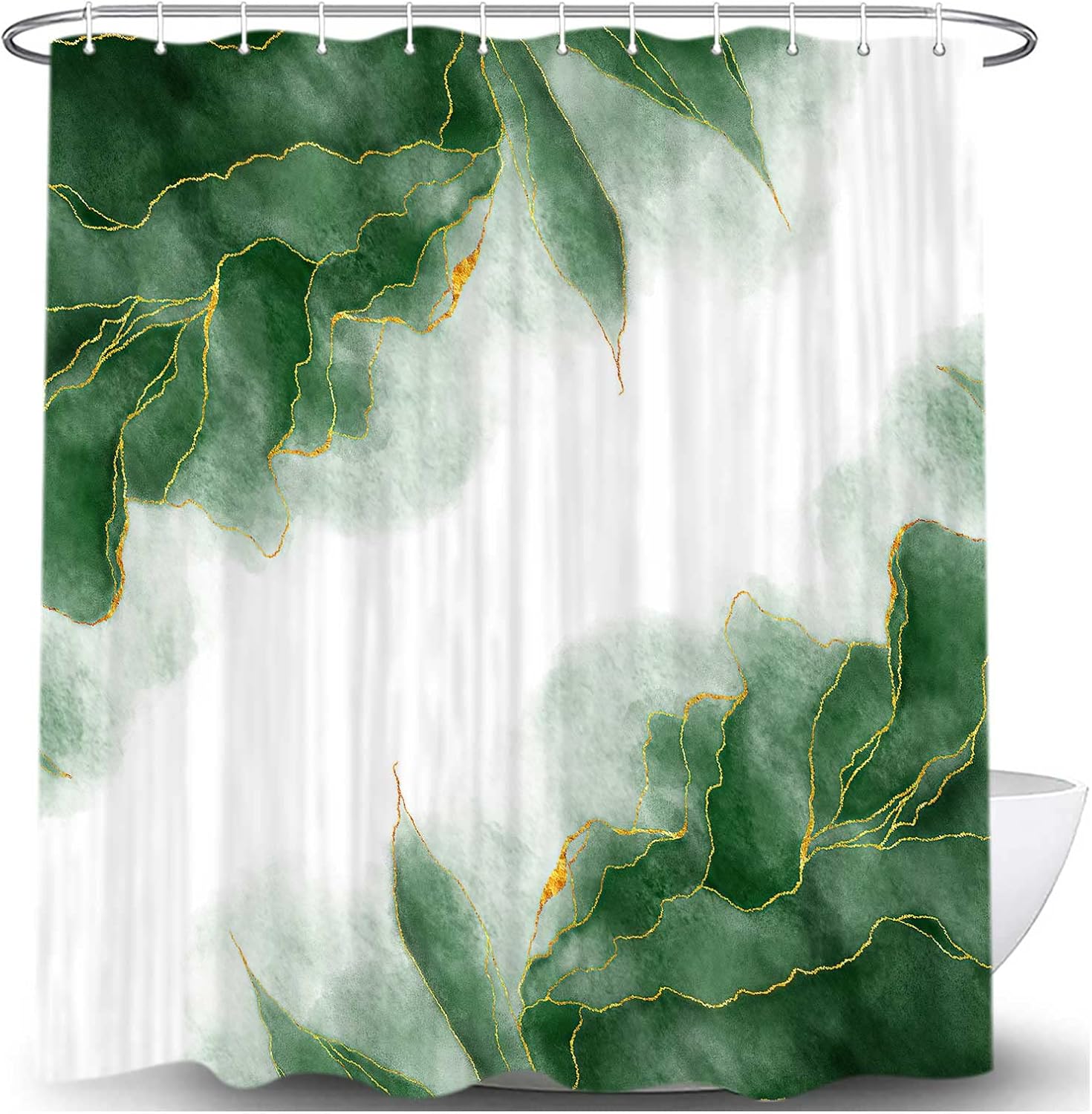 MERCHR Green and Gold Marble Shower Curtain, Dark Emerald Sage Hunter Olive Green Fabric Shower Curtains Set for Bathroom, Modern Golden White Restroom Decor Accessories with Hooks 72X84 Inch