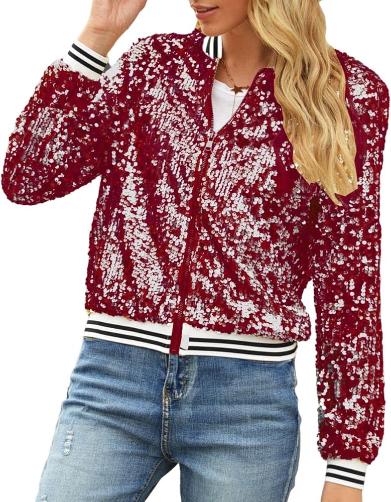 Women Sequin Jacket Long Sleeve Front Zipper Ribbed Blazer Bomber Jacket - Image 2