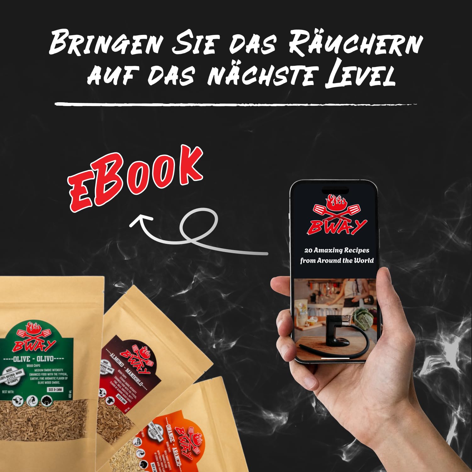 BWAY Räuchermehl Geschmack Olivenholz, Orangenholz, Mandelholz, Zitronenholz, Walnussholz, Eichenholz | Räucherspäne für Räucherofen | Räucherspäne GRATIS eBook mit 20 Rezepten (6 × 400 ml)