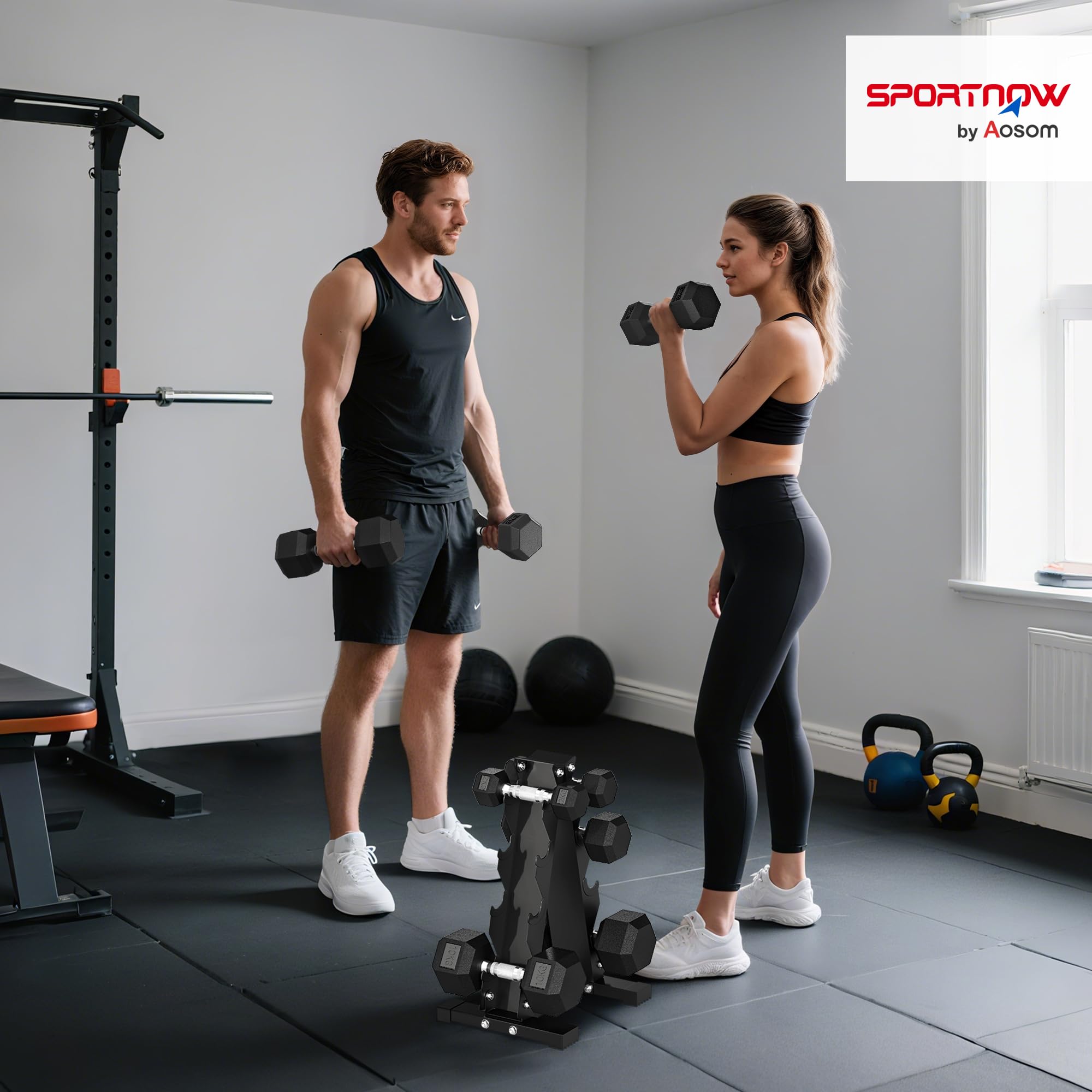 SPORTNOW Set di Manubri da Palestra con Supporto 2x2kg Esagonali Nero | 2x5kg, 2x8kg, 2x10kg, Manubri per Palestra, Ghisa e Gomma, Impugnatura Antiscivolo, Allenamento Fitness Casa