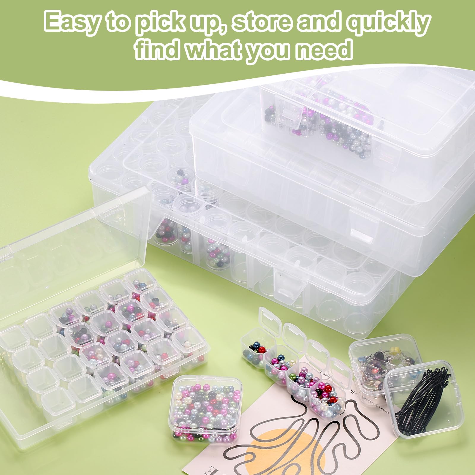 QUARKZMAN Perlen Sortierbox Diamant Kunst Behälter 2 Stück Rechteckige Plastik Aufbewahrungsbox 120 Stück Mini Klare Perlen Aufbewahrungsboxen Mit 132 Stück Aufklebern