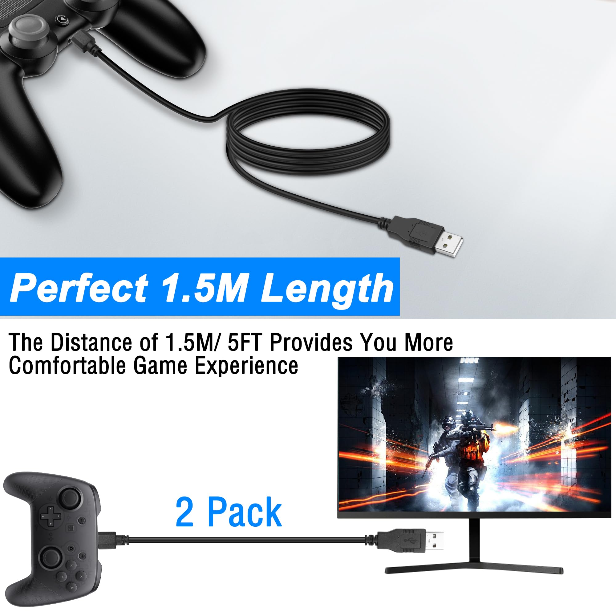 MEIRIYFA - Cable de carga para mando PS4, micro USB, alta velocidad, sincronización de datos, para PS4, PS4, Slim/Pro, PS Vita, Xbox One/One S, 1,5 m