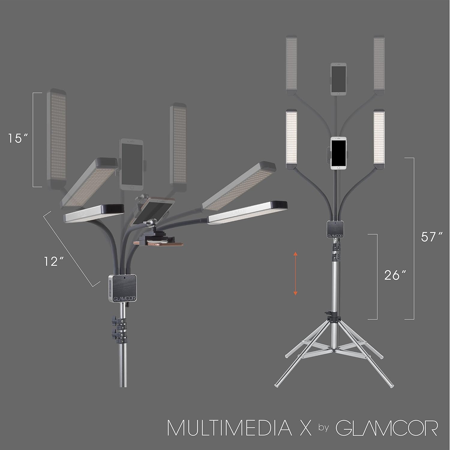 GLAMCOR Multimedia X Portable LED Lighting Kit | Remote Controlled 2700K - 5600K Color Temperature | Smartphone Mount with Selfie Control (Grey)