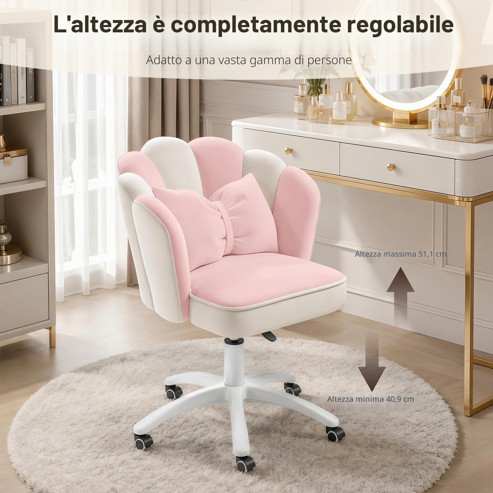 Sedia Vanity Velluto Petalo - Sedia da Scrivania Moderna Imbottita e Trapuntata con Schienale,Sedia da Ufficio Regolabile in Altezza per Camera da Letto e Soggiorno(Rosa e Bianco)