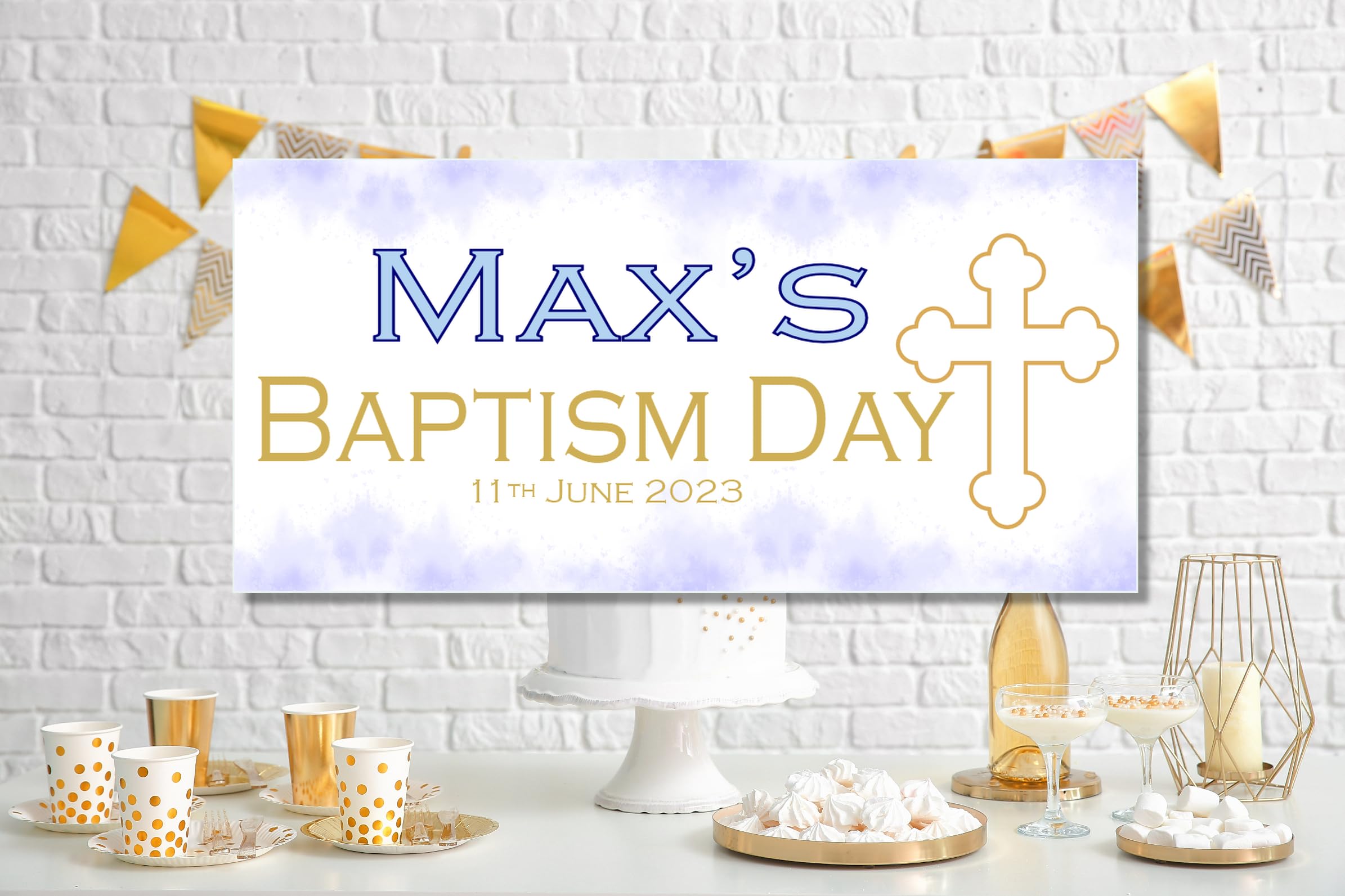 Large 4ft Personalised Christening Banner or Baptism Banner or First Holy Communion Banners with Photo Name Christening Decorations for Boys Blue White Gold Backdrop Indoor or Outdoor Welcome Sign