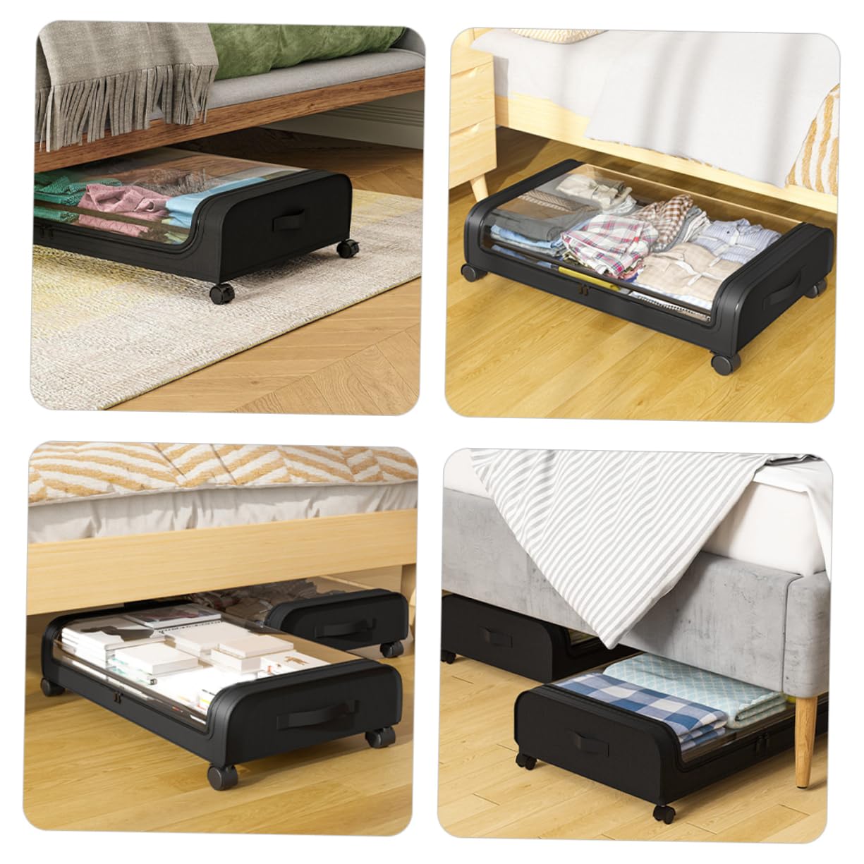 Alipis Scatola di Immagazzinaggio Sotto Letto Nera Coperchio Trasparente | Grande Capacità, Tessuto Non Tessuto, Ferro e Pvc, per Abiti e Coperte, Formato Compatto
