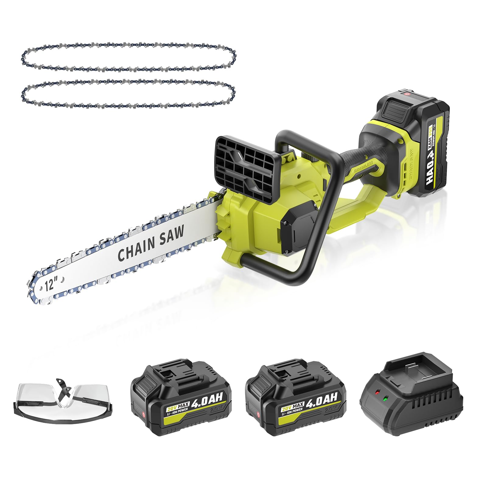Photo 1 of **FACTORY SEALED** 12 In Electric Chainsaw Cordless, 20V Battery Chain Saw with 2x4.0Ah Li-ion Batteries, 2 x Chains, with Tool-free Chain Tension, Auto Oiling for Wood Cutting, Tree Trimming and Branch Pruning