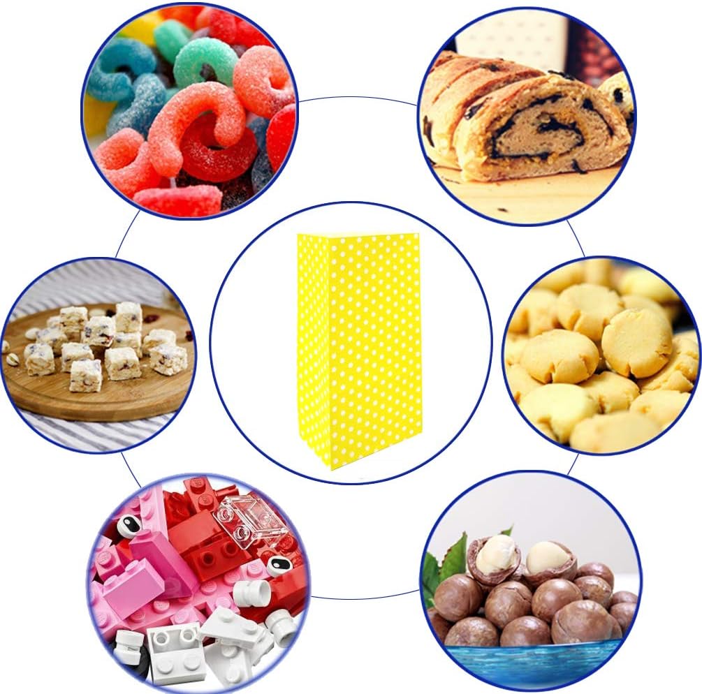 Polka Dot Paper Bags Yellow Paper Gift Bags for Snack Nuts Goodie Treat for Baby Shower Kids’ Birthday Wedding Party (Mini 3.5 x 2.3 x 7 in, Yellow, 50 CT) image 4