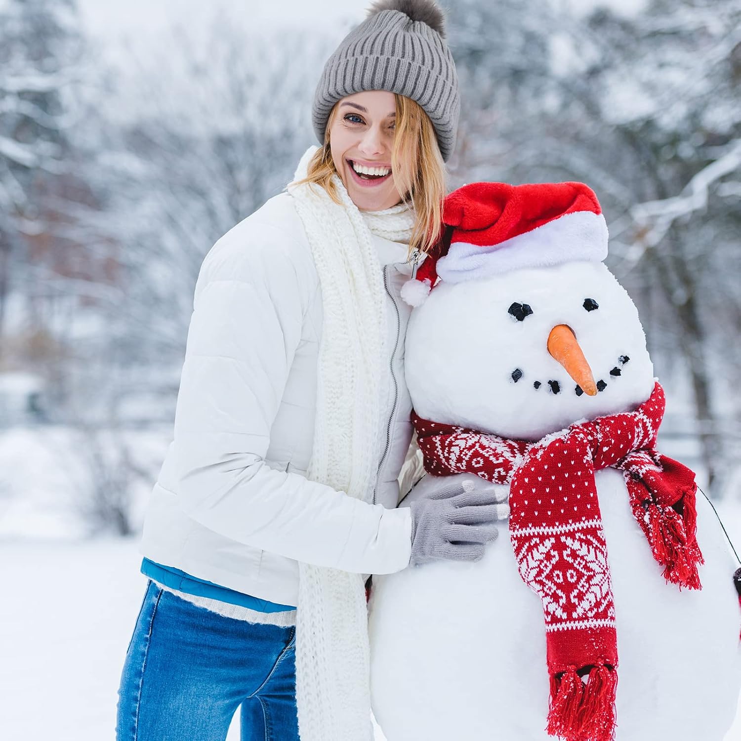 4 Pieces Womens Winter Satin Lined Knit Pom Beanie Hats Touchscreen Gloves Set (Black and Gray,Cute Style) - Image 6