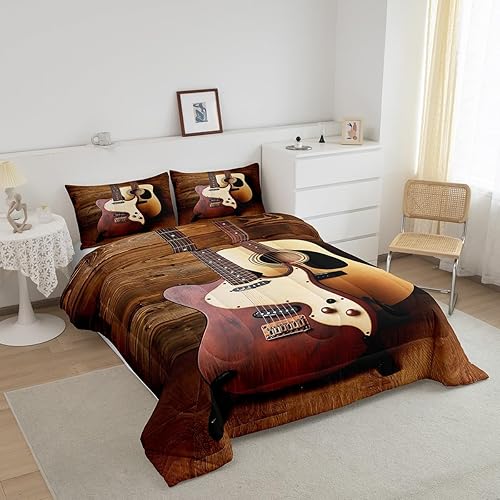 Miniatura 2 de Erosebridal Juego de edredón de guitarra eléctrica, juego de ropa de cama de guitarra acústica, edredón de plumón vintage con rayas de madera