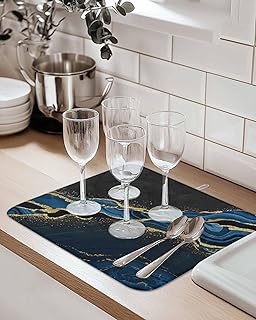 Absorbent Dish Drying Mat for Kitchen Counter,Dark Blue Marble Fluid Microfiber Quick Dry Pad Dishes Drainer Rack Mats for Under Sink Utensils 16x18in,1 Pack,Gold Foil Abstract Stripe