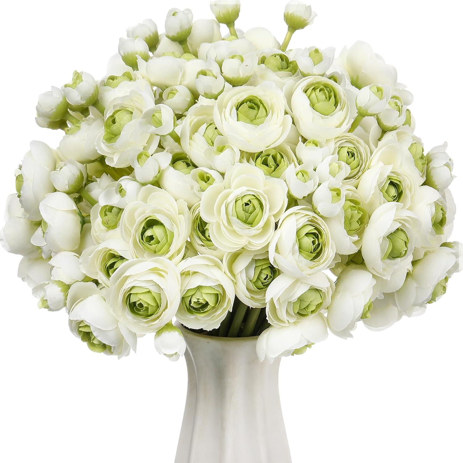 Giegxin 48 Pcs Ranunculus Artificial Flower,Real Touch Peonies Artificial Flower Silk Faux DIY Bouquet for Wedding Bridal Shower Valentine Centerpieces Arrangements Home Decorations(White,Green)