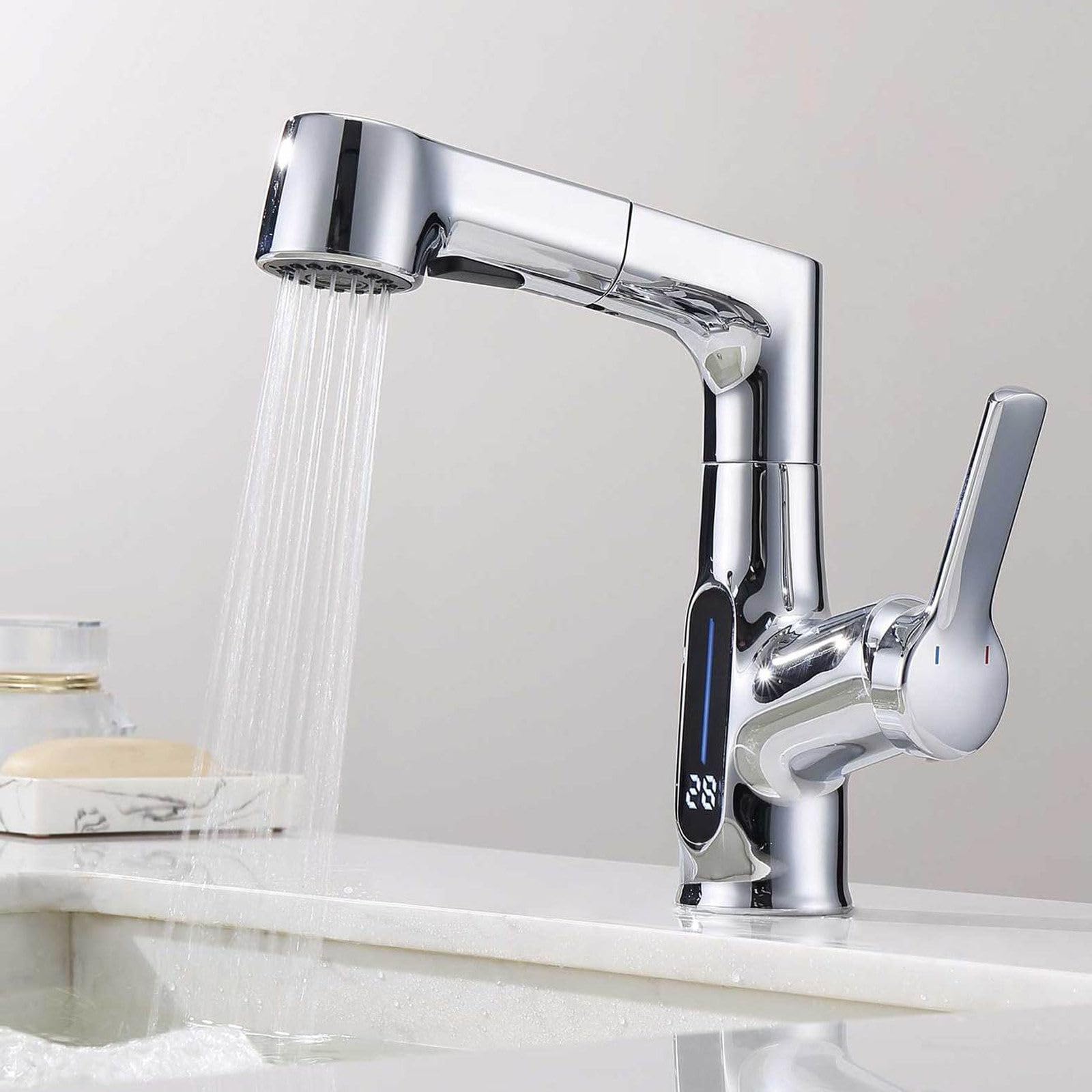 Lavabo de baño de PU de 1 Orificio y 2 Modos con rociador de PU, Lavabo con Pantalla Digital de Temperatura, Lavabo de sobreponer, PU para Lavabo de baño