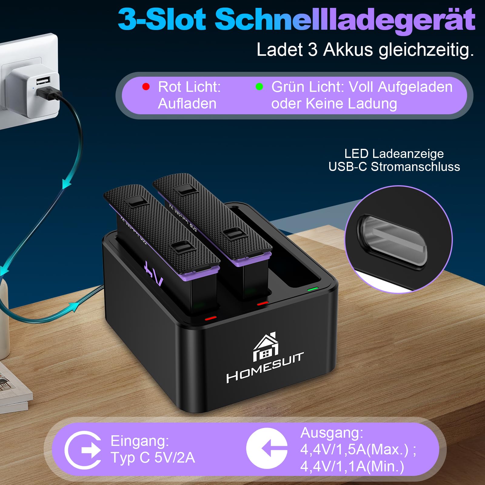 Homesuit 2er-Pack Insta 360 X4 Akku 2500mAh und 3-Kanal USB Ladegerät Kit Kompatibel mit Insta360 X4 Action Kamera Zubehör mit Misro SD Kartensteckplätzen (Not for X4 Air)