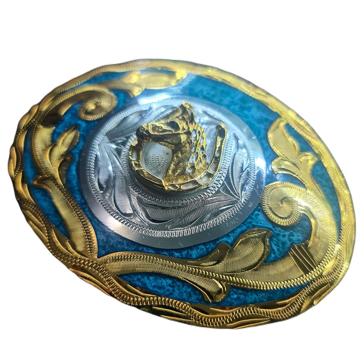 Western Buckles Oval Horse Horseshoe Model 3 with 24K Gold Plated, .925 Silver Plated and Blue Resin