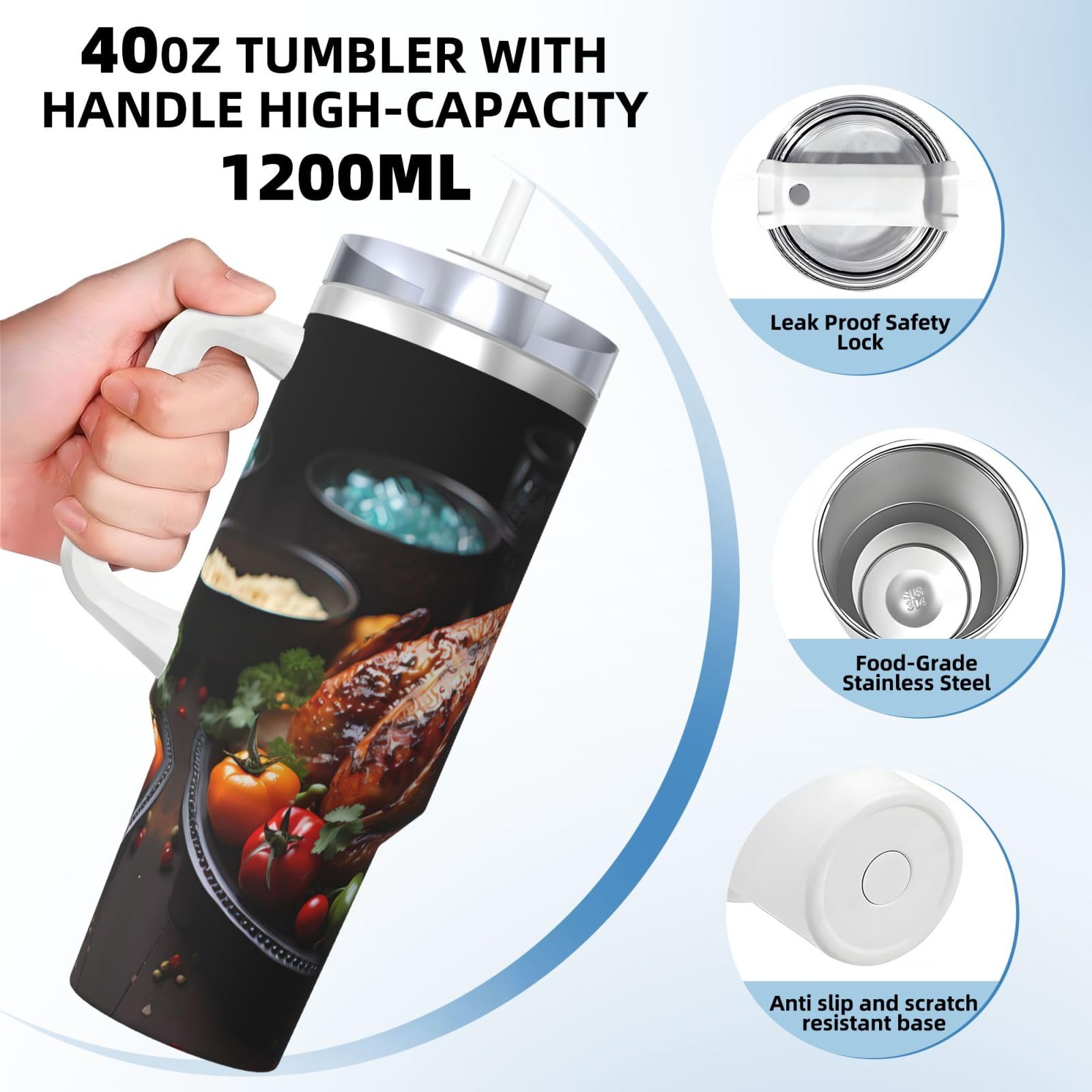 Tantalizing - Taza instantánea de doble pared impresa de pavo asado de 40 onzas con tapa de asa y pajita, adecuada para batidos de agua, batidos y batidos