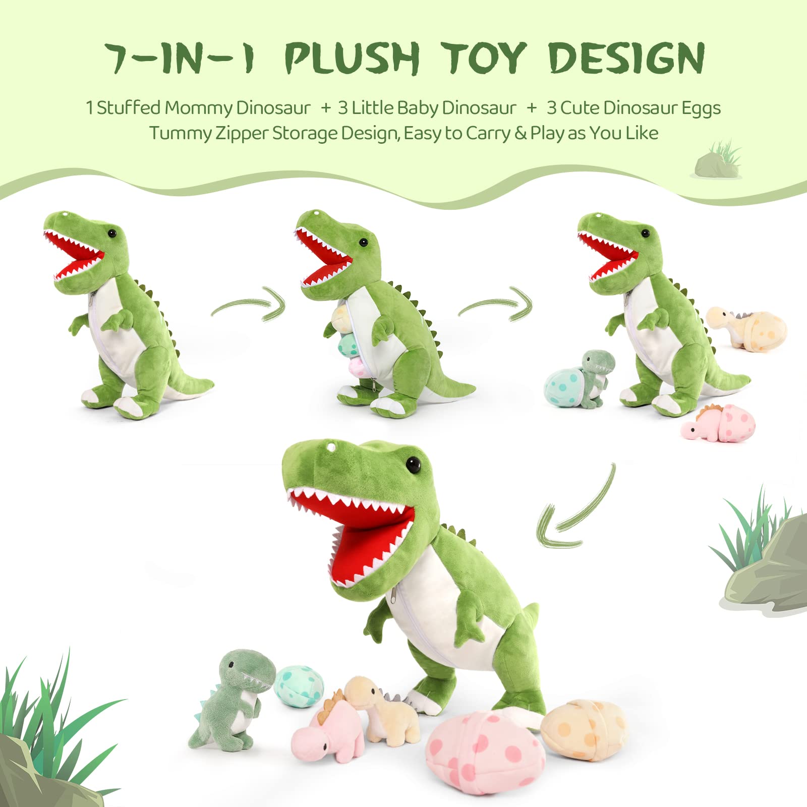 MOMSIV Peluche Musicale Dinosauro Verde, 4 In 1: Massaggiagengive, Sonaglio, Giocattolo Sensoriale Con Righello Per Neonati 0-12 Mesi