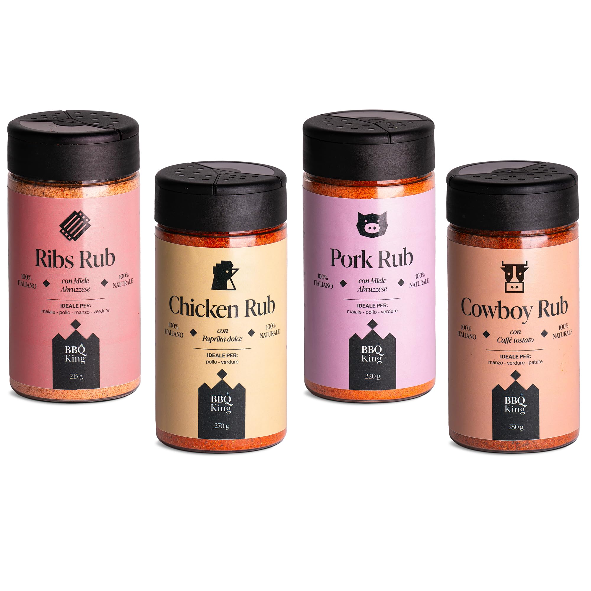 BBQ KING - Multi Pack Pitmaster Rub per Barbecue, 4 Confezioni da 215/250 Gr di Dry Rub Bbq, Miscela di Spezie 100% Made in Italy, 1 x Chicken Rub, 1 x Pork Rub, 1 x Ribs Rub e 1 x Cowboy Rub