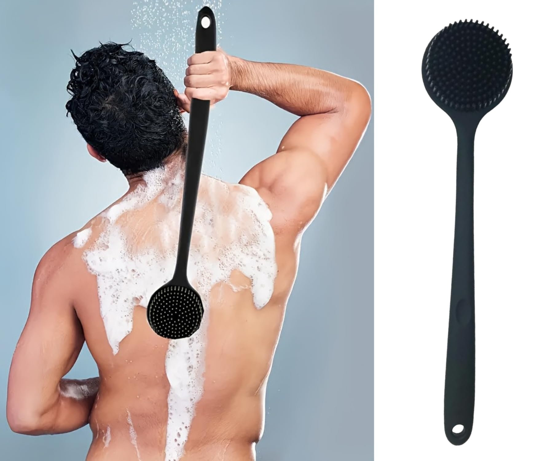 Wazdorf Soft Silicone Back Scrubber Shower Bath Brush with Long Handle | Flexible Bristles for Smooth Skin | Exfoliating Brush | Body Scrubber for Women, Men & Boys| for Body Wash & Bathing(Black)