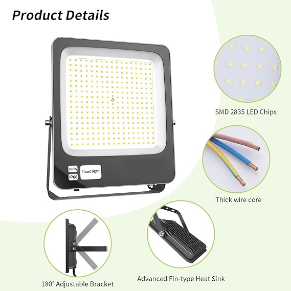 200W LED Floodlight Outdoor,Super Bright Safety Light,IP66 Waterproof Wall Light Work Lighting,6500K Cool White Spot Lights Outside for Garage,Garden,Backyard,Warehouse,Patio,Billboard,Balcon [Energy Class F]