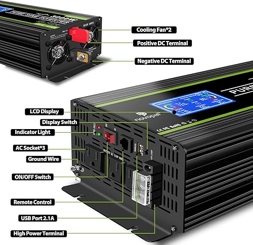 Miniatura 53 de Novopal Inversor de corriente de onda sinusoidal pura de 1000 W, convertidor de corriente de 12 V CC a 110 V/120 V CA, 4 salidas de CA, inversor