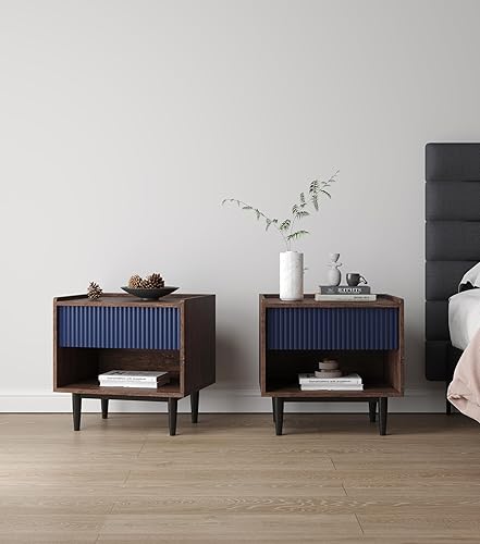 Miniatura 4 de Manhattan Comfort Duane Moderna mesita de noche acanalada, mesita de noche con cajón de extensión completa y estante abierto, muebles industriales