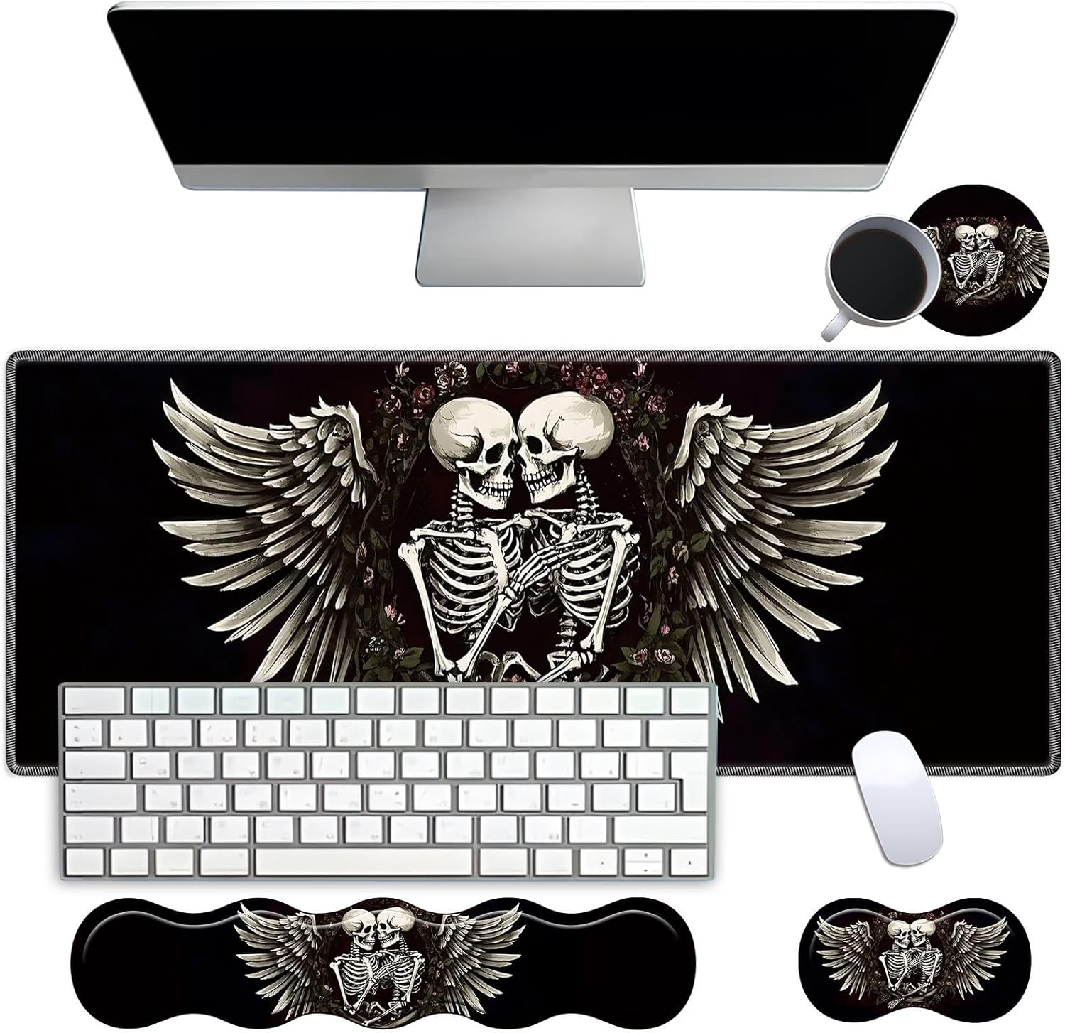 Desk Mat Large Gaming Mouse pad Set 31.5x11.8 inch [4in1Mousepad + Keyboard Wrist Rest+Mouse Wrist Rest+Coaster ] with Ergonomic Desk Pad for Home Office Table Computer - Skulls Wings