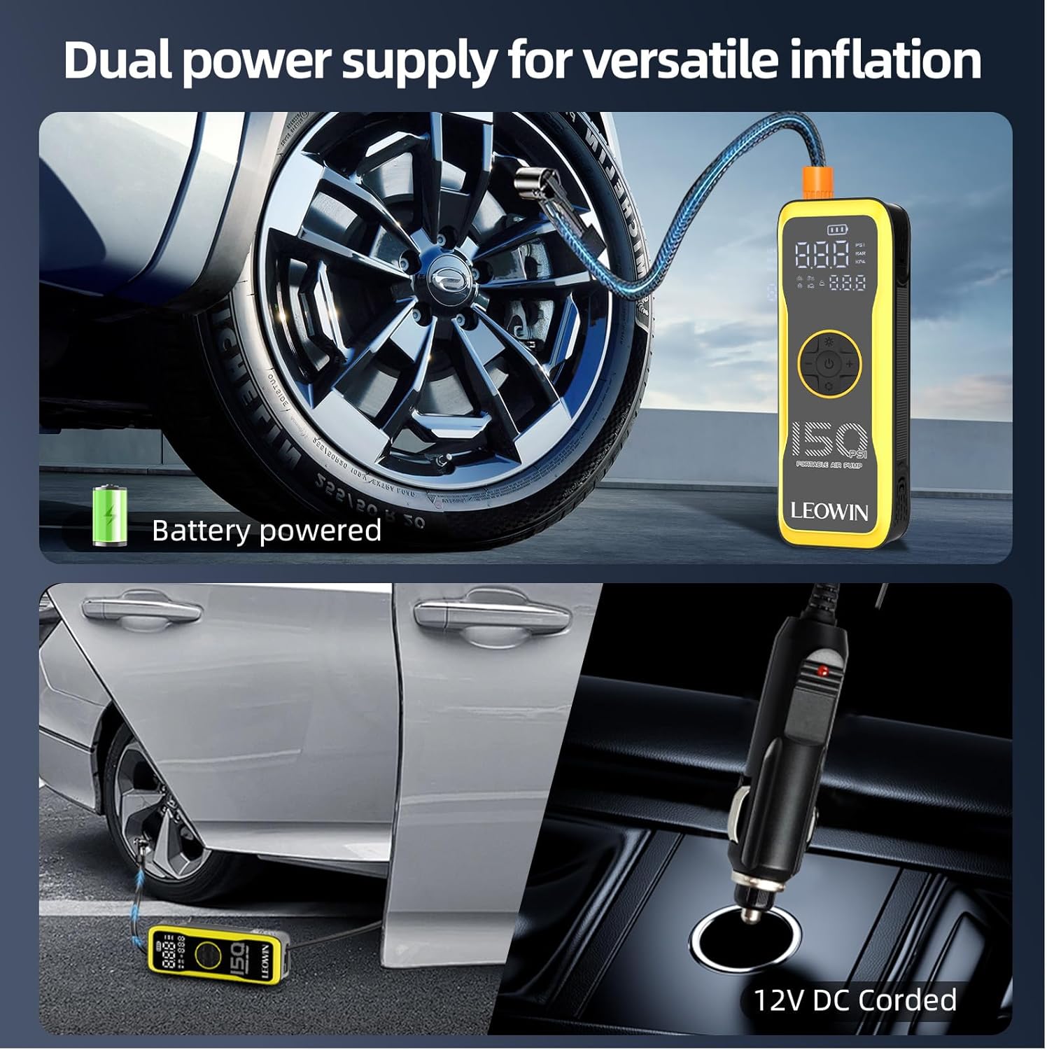 Portable Tire Air Pump with Digital Tire Pressure Meter/LED Light,Built-in Rechargeable Battery and 12V Car Power Adapter for Car, Motorcycle, Bicycle, Balls (8010)