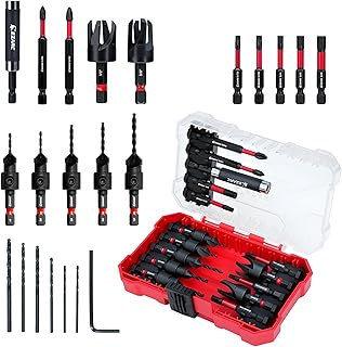 EZARC Countersink Drill Bit Set, 22 PCS Counter Sink Drill Bit with 2 Wood Plug Cutters, Magnetic Extension Bit Holder, Screwdriver Bits, 1/4" Hex Shank for Woodworking with Storage Box