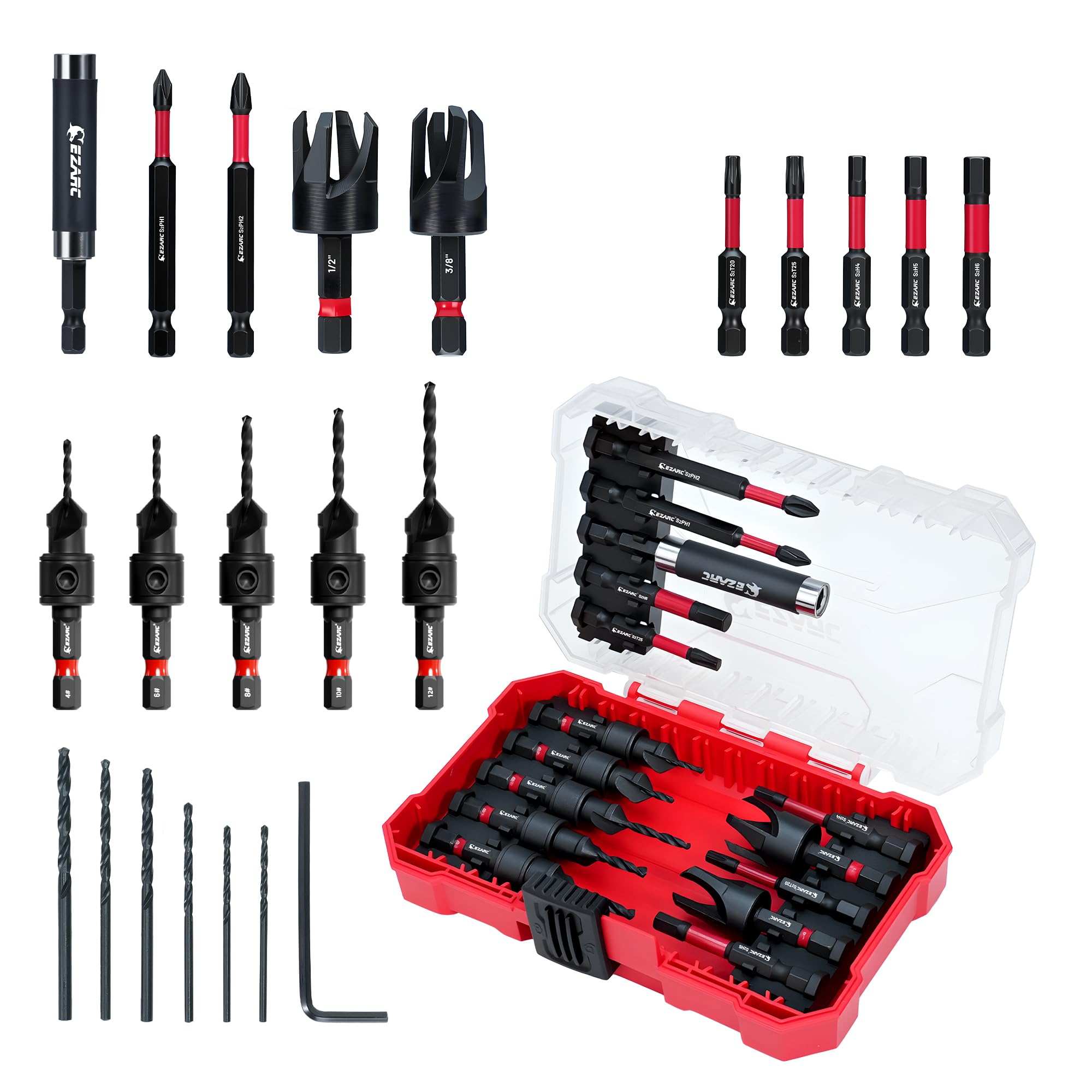 EZARC Countersink Drill Bit Set, 22 PCS Counter Sink Drill Bit with 2 Wood Plug Cutters, Magnetic Extension Bit Holder, Screwdriver Bits, 1/4" Hex Shank for Woodworking with Storage Box