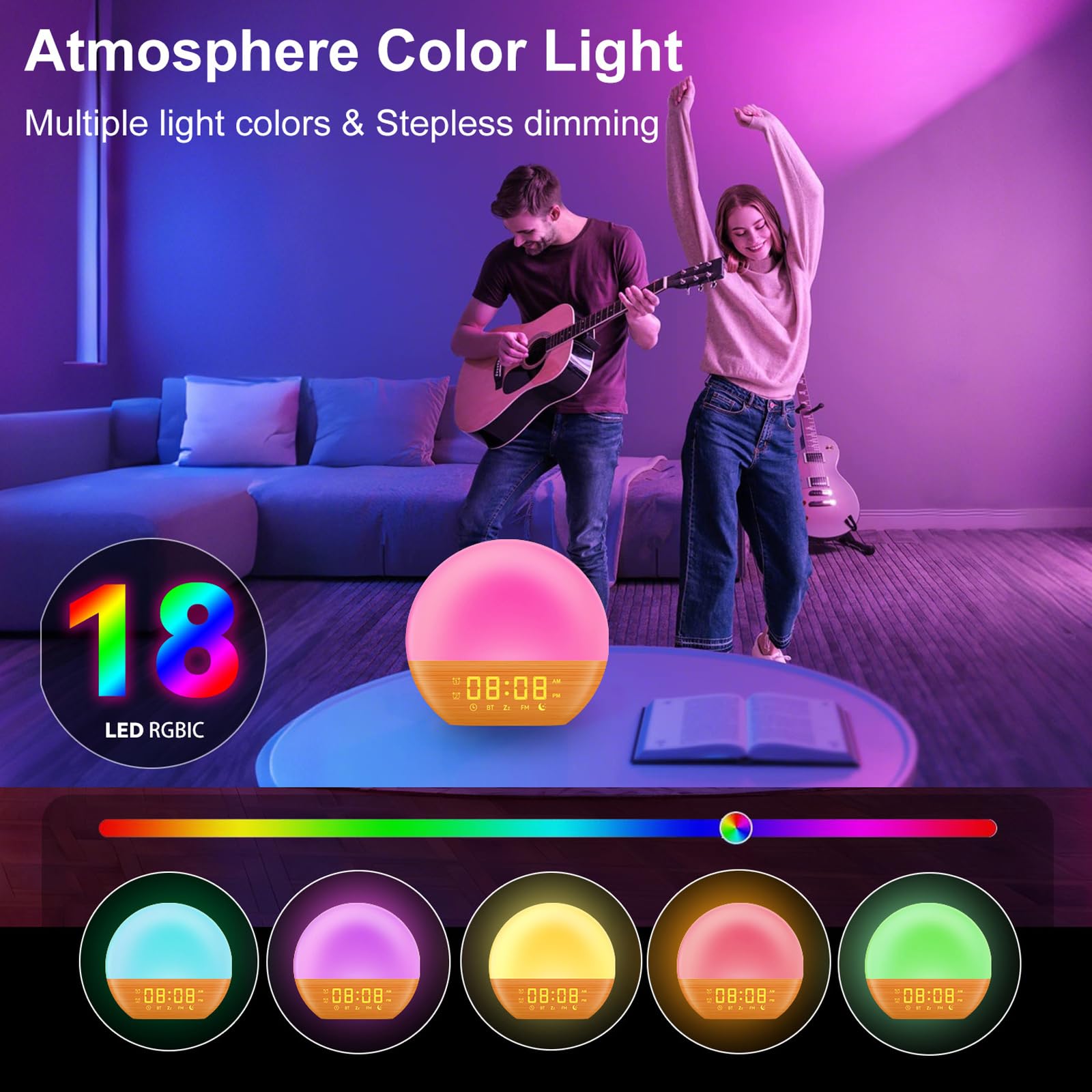 Réveil Simulateur D'aube & Crépuscule,Réveillez- Vous Naturellement,Réveil Lumineux Simulateur D'aube,Radio Eveil Matin Lumière Lampe De 20 Niveaux,7 Sons Naturels Fonction Snooze 18 Couleurs (B#)
