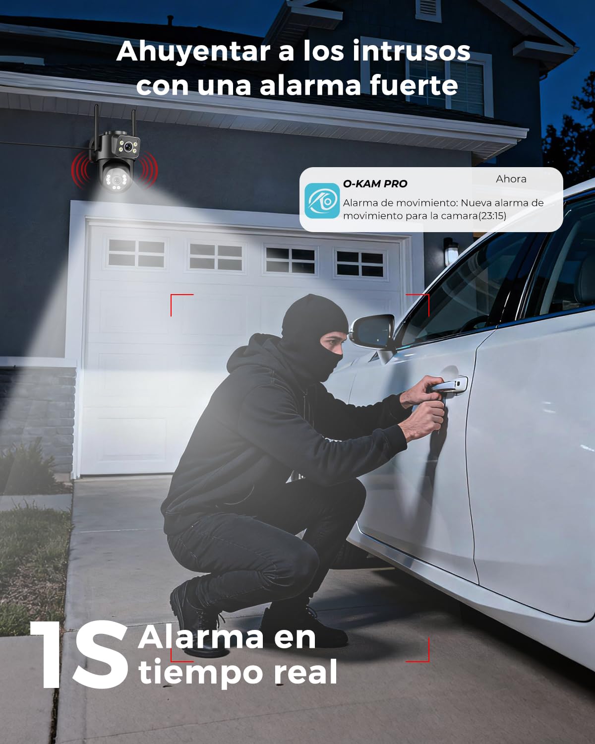 Reobiux 2K Camara Vigilancia WiFi Exterior, Cámara IP Vigilancia Domicilio con Doble Lente, Visión Nocturna Color, Seguimiento Automático, Audio Bidireccional, Grabación Continua 24/7, IP66