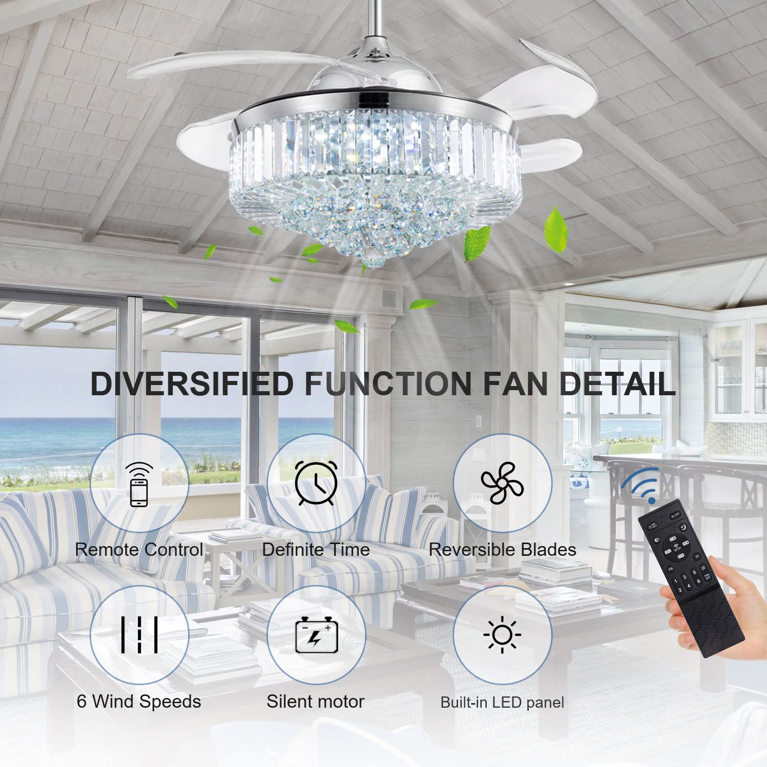 7PM Modern Crystal Ceiling Fan with Light Retractable Blades Chandelier