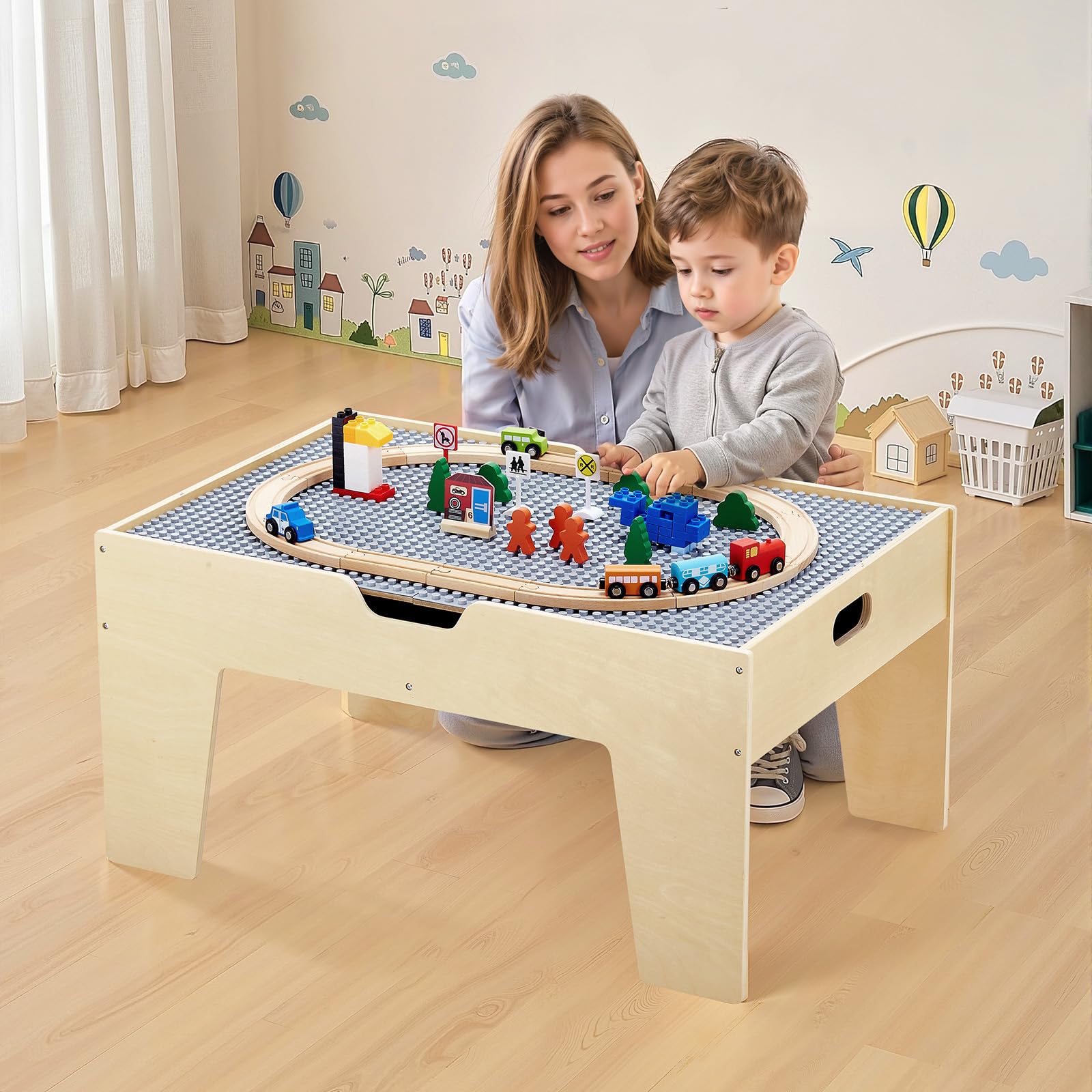 VEVOR Tavolo Ferroviario con Treni Binari Giocattolo, 290 Mattoncini da Costruzione e Set di Treni in Legno da 30 Pezzi, Tavolo da Gioco Multiuso in Legno, con Area di Stoccaggio per Bambini