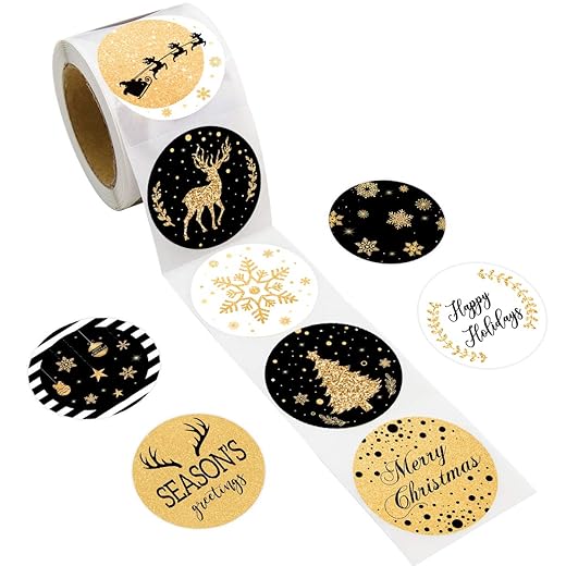 Christmas Stickers for Envelopes Holiday Labels 500PCS Black & Gold Seals Faux Glitter for Holiday Christmas Party Decoration